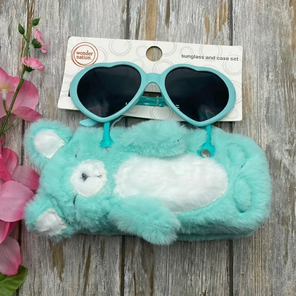 Girls Fun Summer Sunglasses With Kitty Cat & Bear Faux Fur Carrying Cases